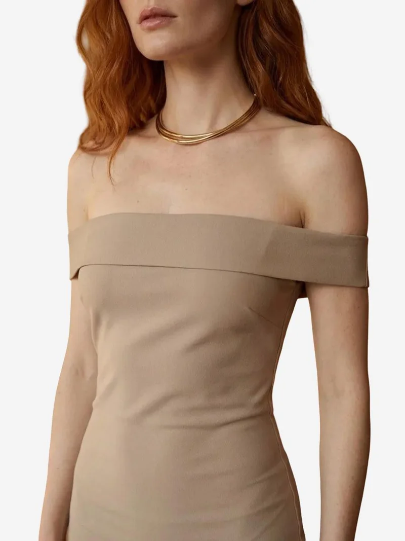 MY FASHION Beige Natural MY FASHION Off Shoulder Bodycon Maxi Dress with Slit for Women | Best Price UAE